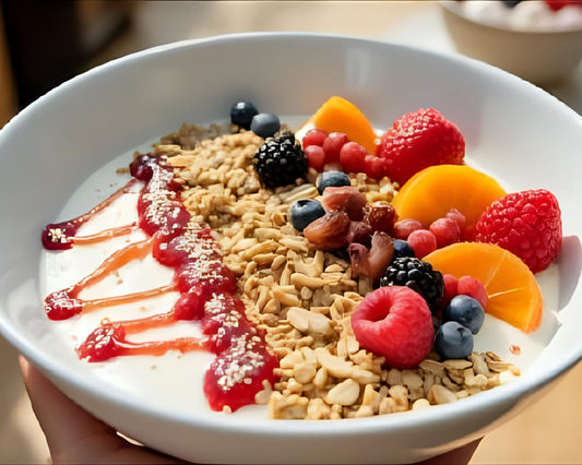 Frühstücksbowl mit Marmelade und Nüssen
